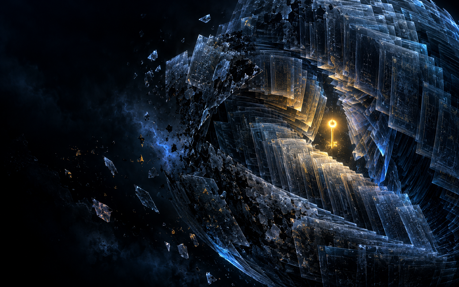 Concept art: a tiny glowing key survives inside layers of a fractured digital archive.